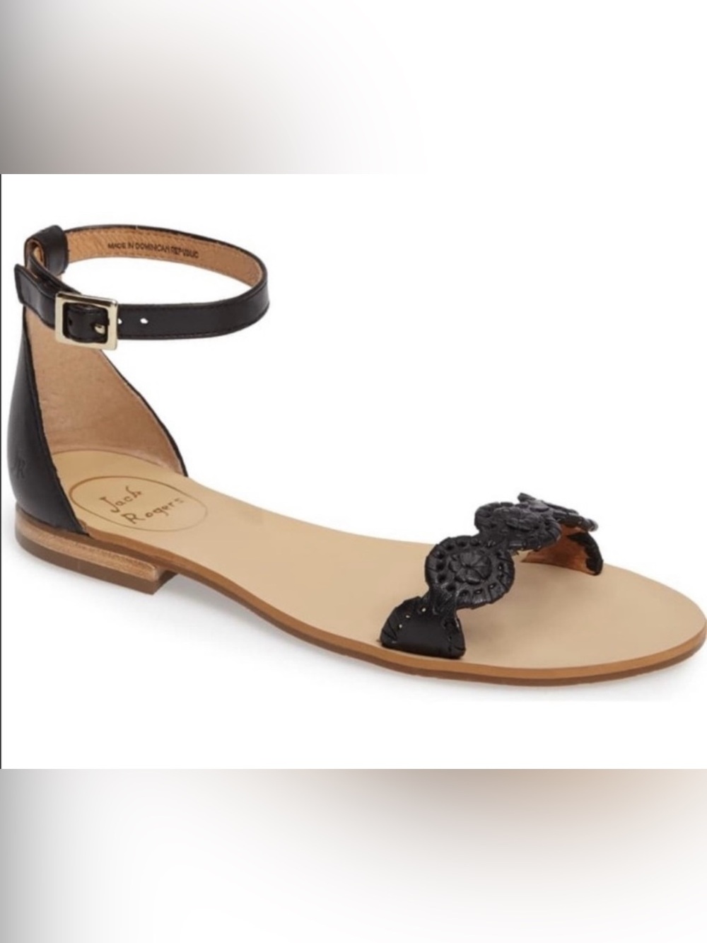 Jack Rogers Black Leather Ankle-Strap Medallion Flat Sandals